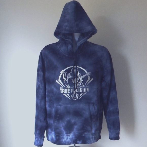 NWT MEN's TRUE RELIGION BUDDHA FOIL Fleece Hoodie Jacket Tie Dye Blue - Picture 1 of 5